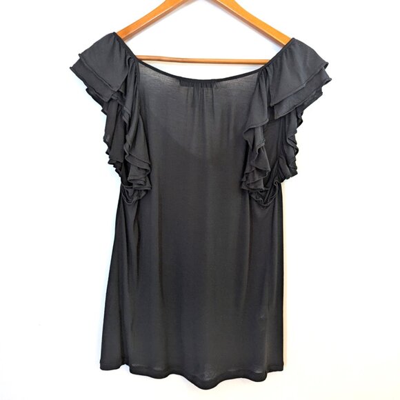 BCBGMAXAZRIA | Black V-Neck Ruffle Short Cap Sleeve Tee | Size Small - Picture 7 of 11